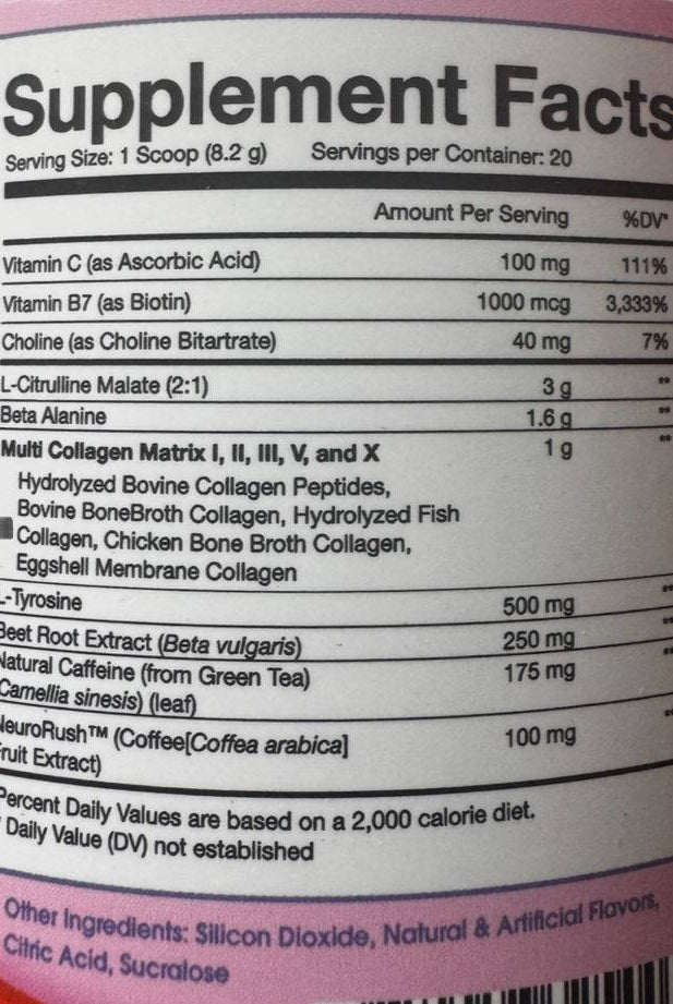Supplement facts label of Obvi Collagen Preworkout Blood Orange showing ingredients like collagen blend, caffeine, and amino acids per serving.