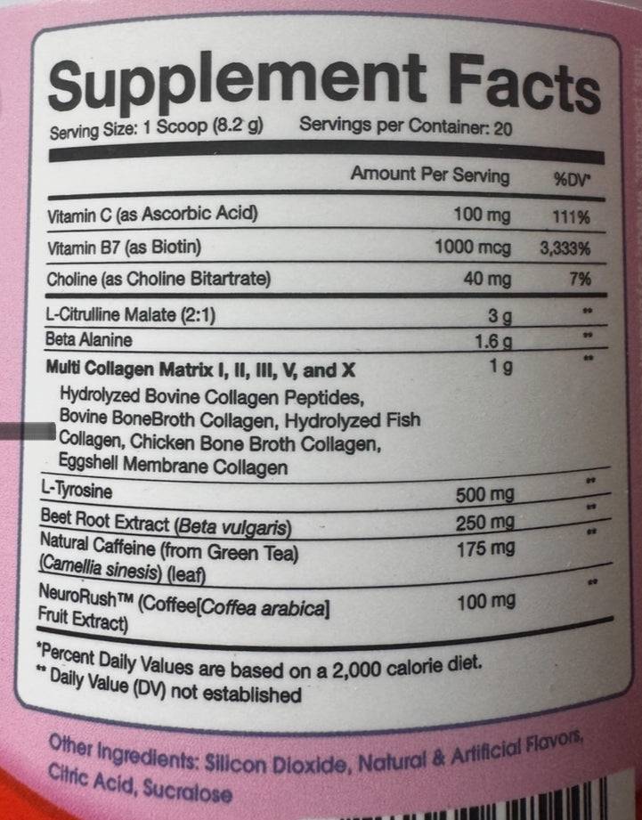 Supplement facts label of Obvi Collagen Preworkout Blood Orange showing ingredients like collagen blend, caffeine, and amino acids per serving.