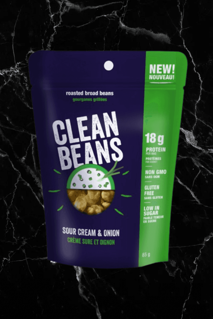 Clean Beans Sour Cream & Onion roasted broad beans, 18g protein per bag. High protein vegan snack for health-conscious consumers.