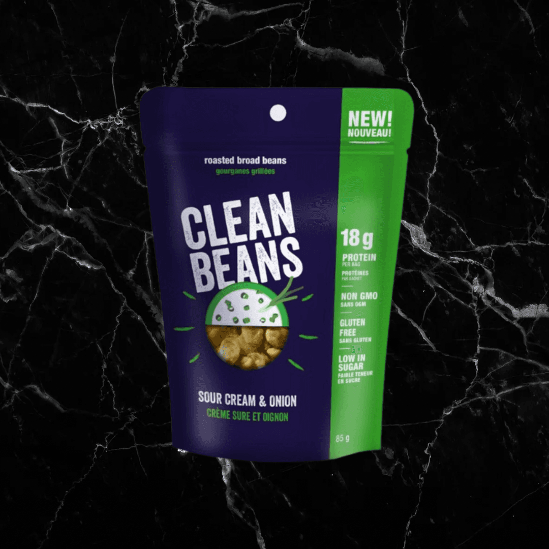 Clean Beans Sour Cream & Onion roasted broad beans, 18g protein per bag. High protein vegan snack for health-conscious consumers.