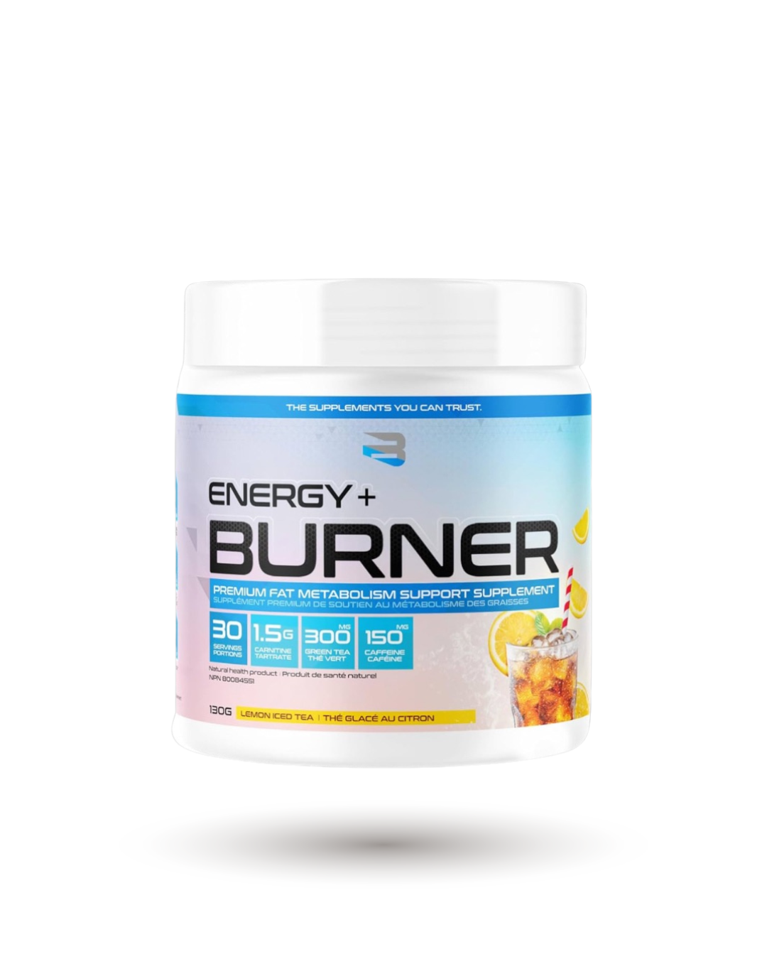 Believe Supplements Energy Lemon Iced Tea Essentials 130g, energy-boosting supplement with thermogenic formula. Classic lemon iced tea taste.