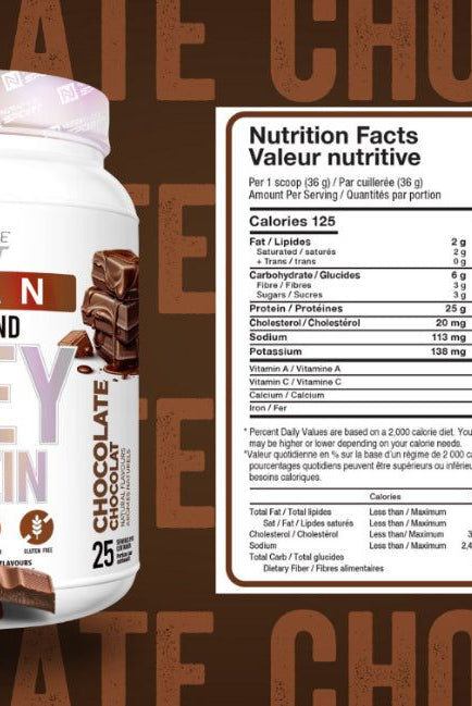 NutraPhase Chocolate Clean Whey Protein with nutrition facts label, 25 servings of high-quality New Zealand whey for fitness and muscle support.