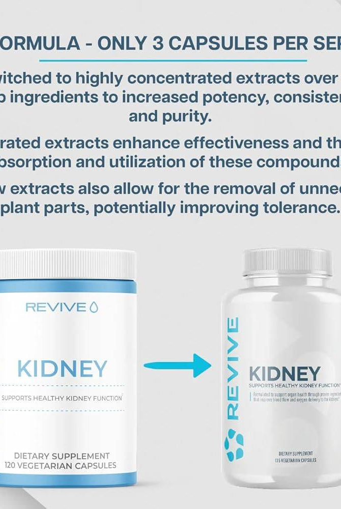 Comparison of new and old Revive Kidney formulas. New version uses concentrated extracts for improved potency and reduced unnecessary ingredients.