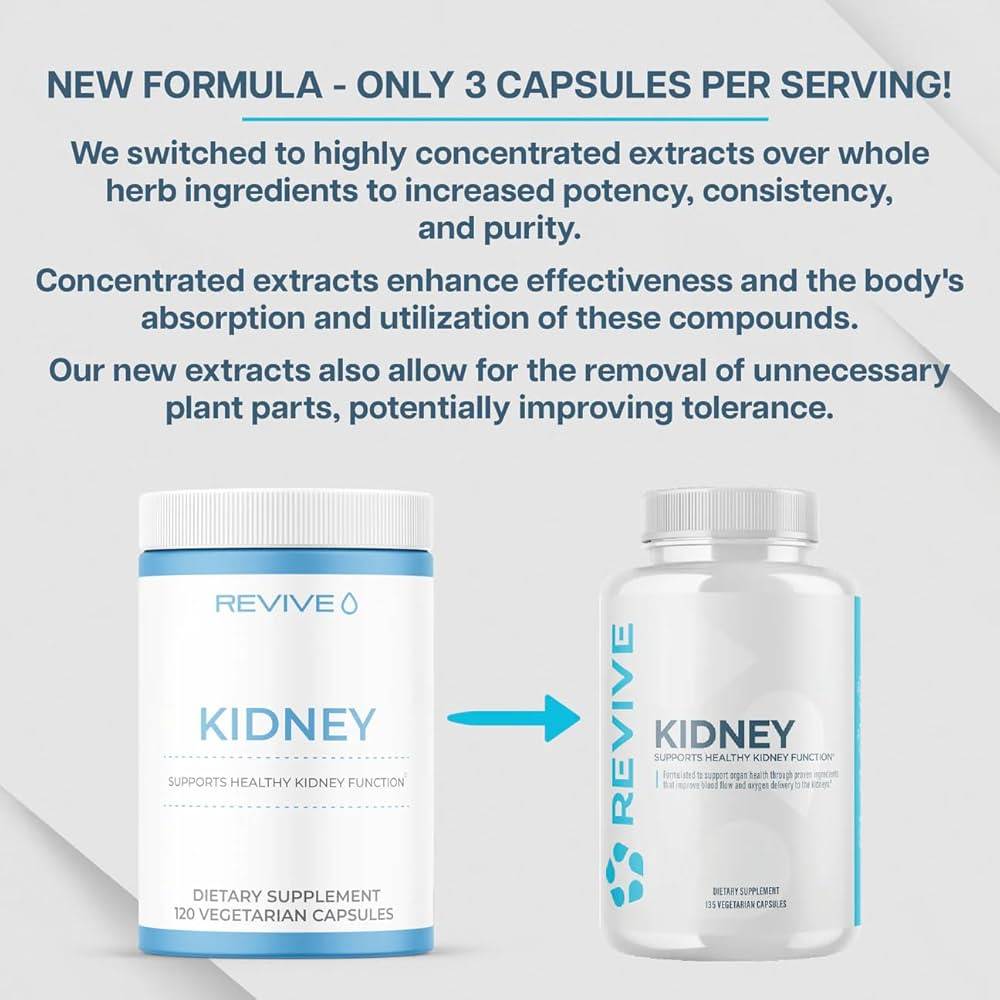 Comparison of new and old Revive Kidney formulas. New version uses concentrated extracts for improved potency and reduced unnecessary ingredients.