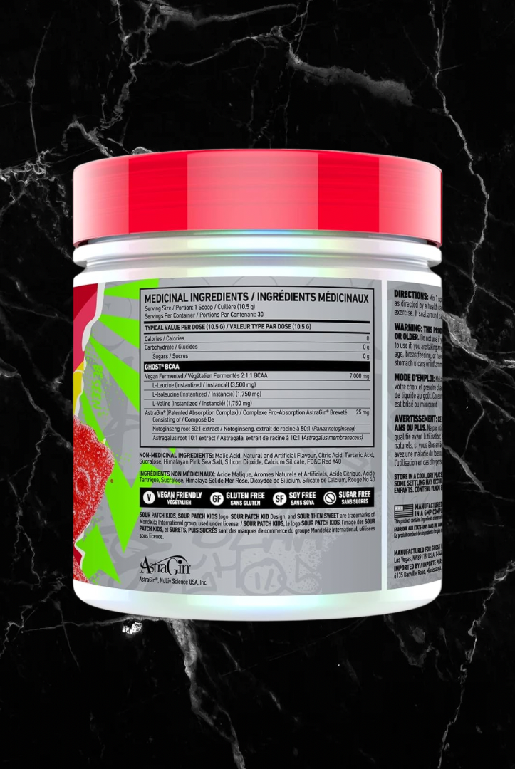 Back label of GHOST BCAAs Sour Patch Kids showing supplement facts, ingredients, and certifications like vegan and soy-free.