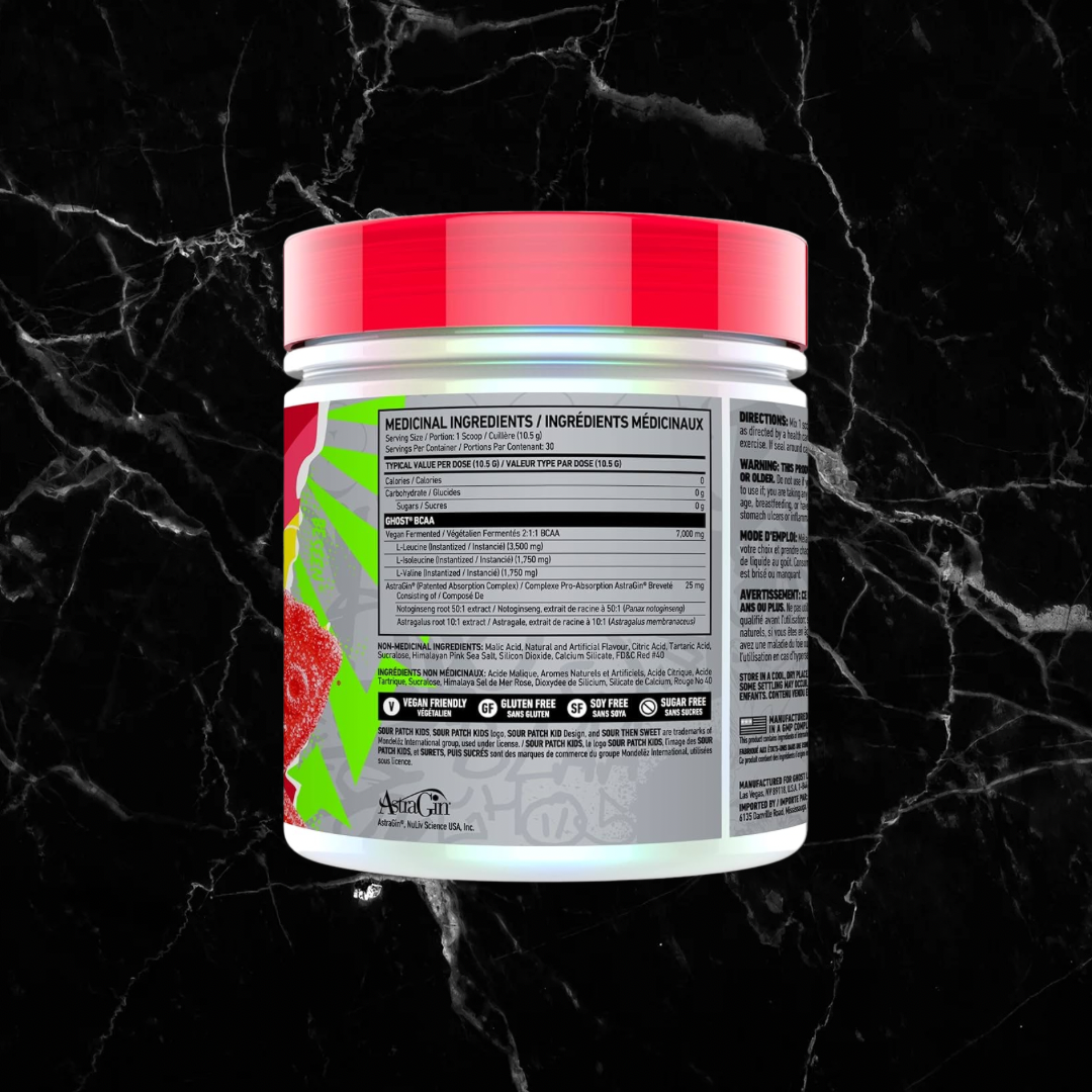 Back label of GHOST BCAAs Sour Patch Kids showing supplement facts, ingredients, and certifications like vegan and soy-free.