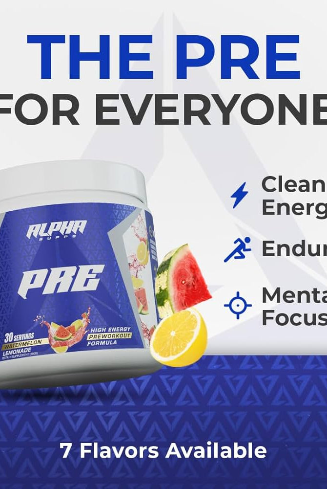 Alpha Supps Pre-Workout Raspberry Lemonade flavor with icons for clean energy, endurance, and mental focus; 7 flavors available.