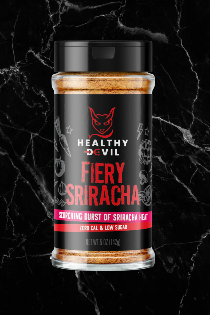 Fiery Sriracha Tajin-style lime seasoning by Healthy Devil in a 5 oz bottle, ideal for protein-rich meals with zero calories and low sugar.