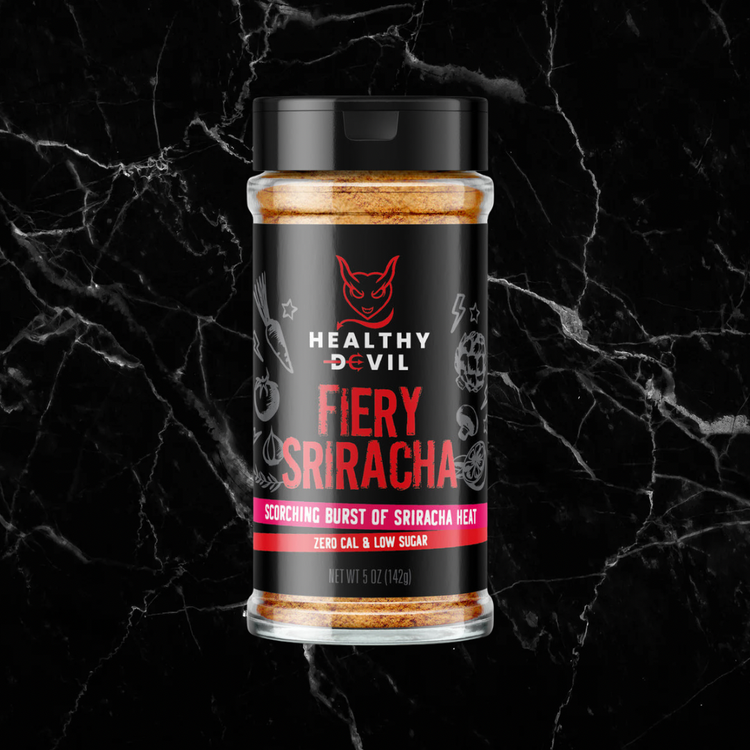 Fiery Sriracha Tajin-style lime seasoning by Healthy Devil in a 5 oz bottle, ideal for protein-rich meals with zero calories and low sugar.