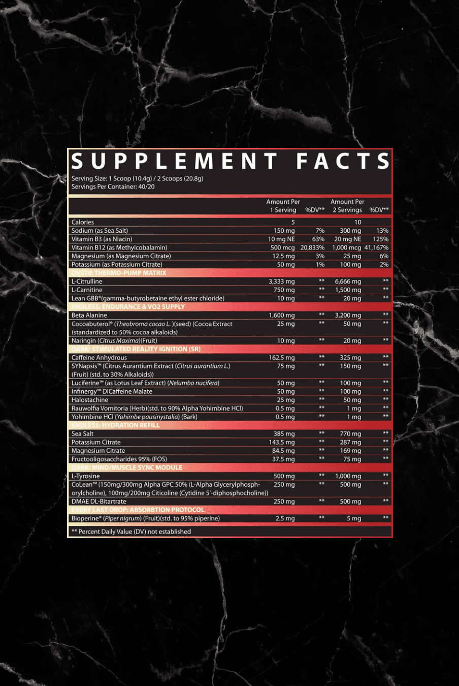 Detailed supplement facts for INSPIRED DVST8 Dark Pre Workout BLUE DREAM, listing active ingredients and nutritional values per serving.