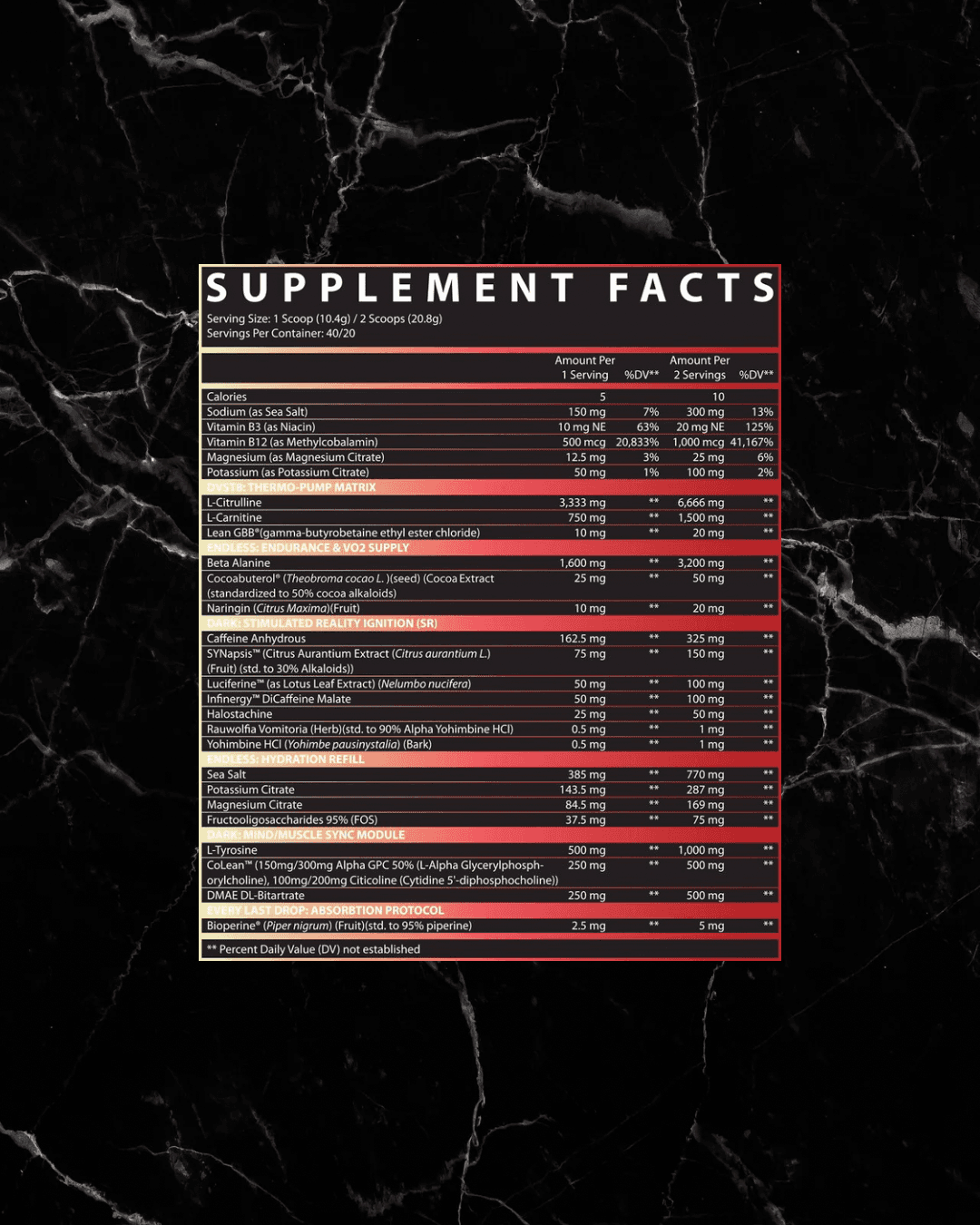 Detailed supplement facts for INSPIRED DVST8 Dark Pre Workout BLUE DREAM, listing active ingredients and nutritional values per serving.