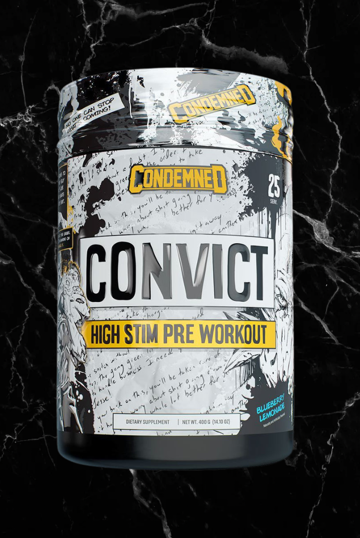Blueberry Lemonade CONDEMNED Convict High Stim Pre Workout, formulated for energy and focus with 35% more active ingredients for athletes.