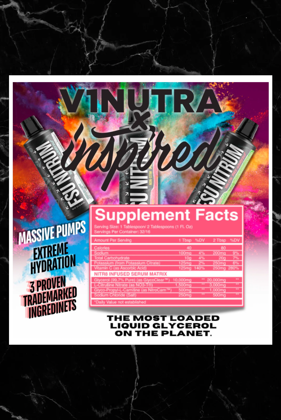 FSU NITRUM Liquid Pump supplement facts label highlighting massive pumps, extreme hydration, and 3 trademarked ingredients for fitness enhancement.