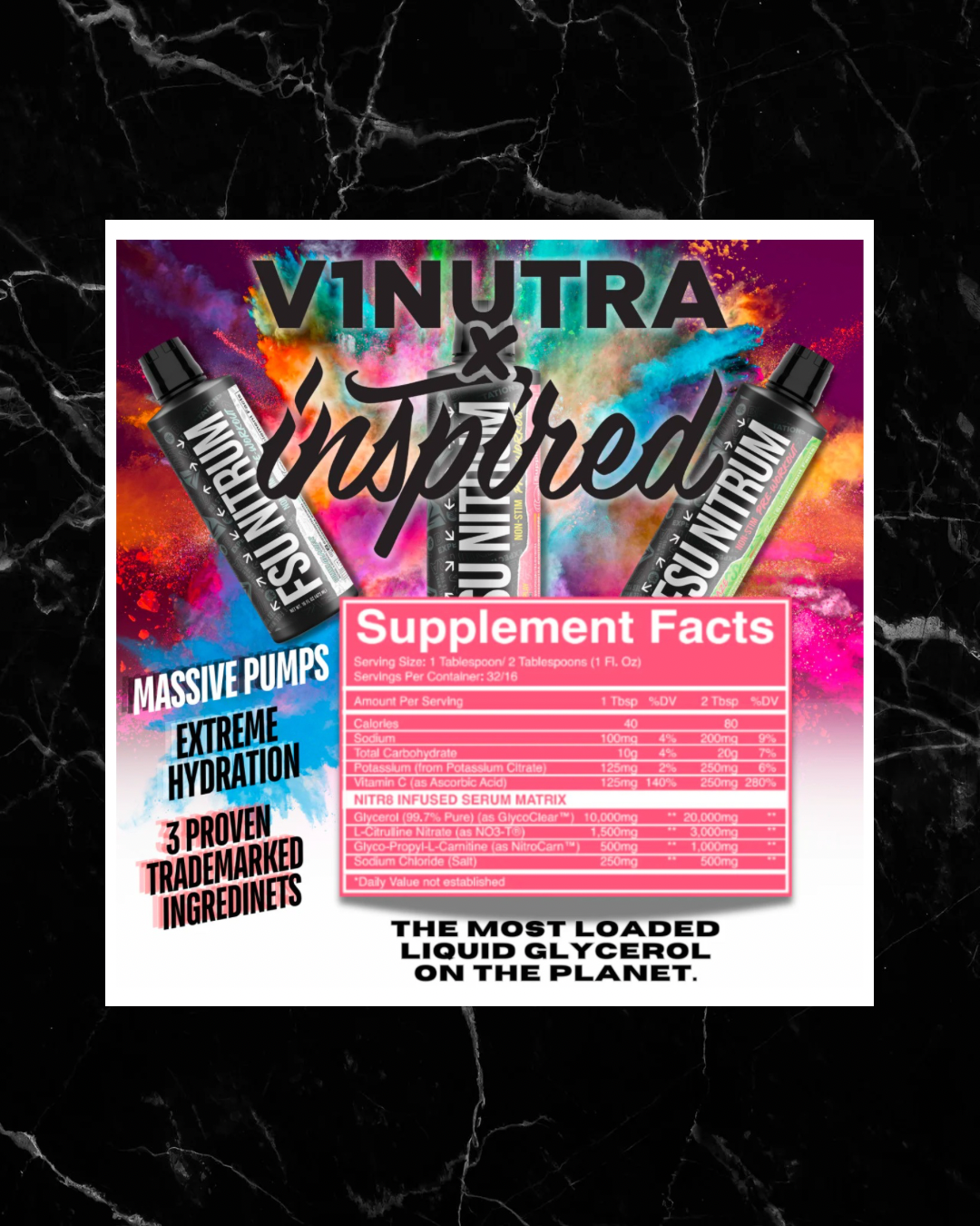 FSU NITRUM Liquid Pump supplement facts label highlighting massive pumps, extreme hydration, and 3 trademarked ingredients for fitness enhancement.