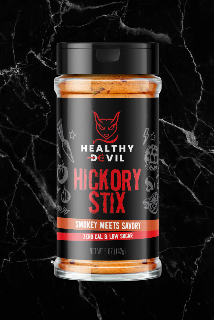 Hickory Stix Seasoning - Smokey Meets Savory by Healthy Devil in a 5 oz spice jar, ideal for guilt-free flavoring of meats, burgers, and sweet potatoes.