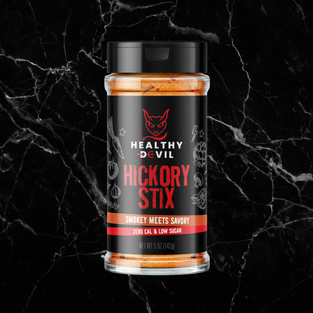 Hickory Stix Seasoning - Smokey Meets Savory by Healthy Devil in a 5 oz spice jar, ideal for guilt-free flavoring of meats, burgers, and sweet potatoes.
