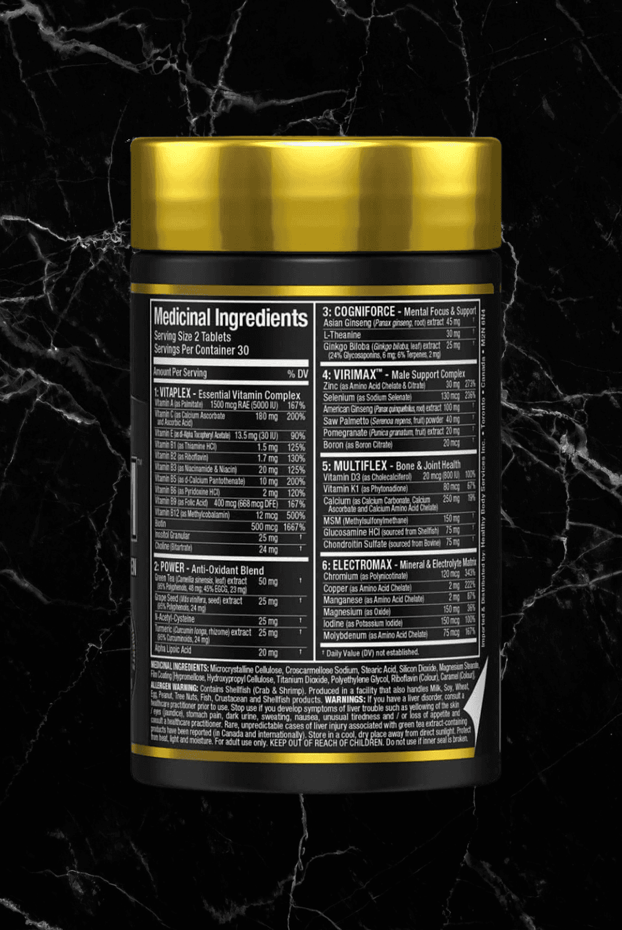 Back label of ALLMAX Vitaform For Men multivitamin showing detailed nutritional information and ingredients for daily health support.