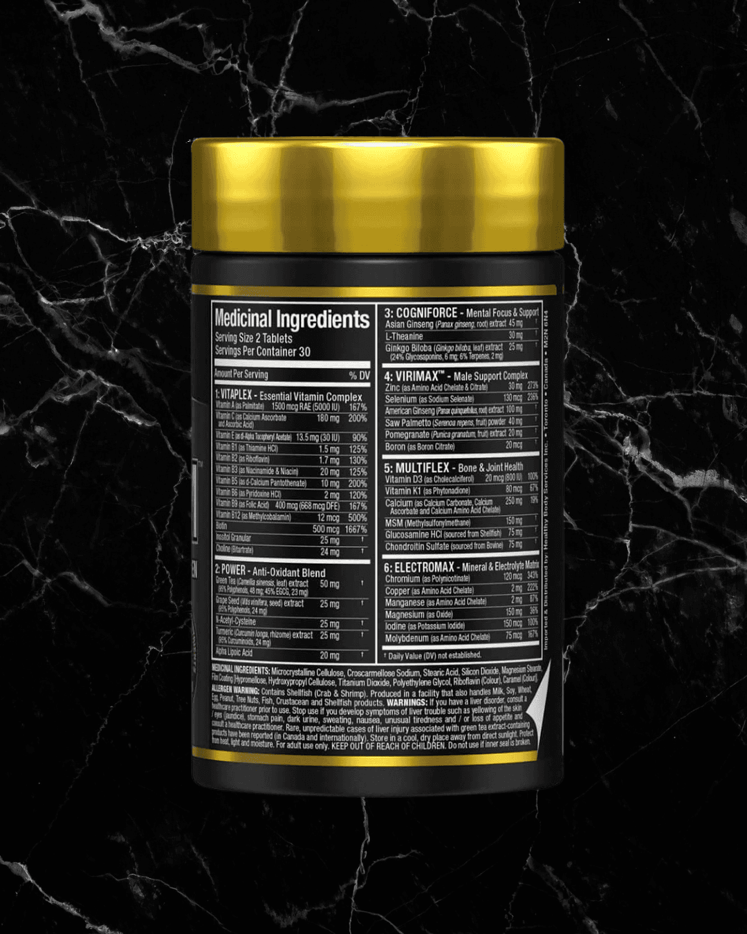 Back label of ALLMAX Vitaform For Men multivitamin showing detailed nutritional information and ingredients for daily health support.