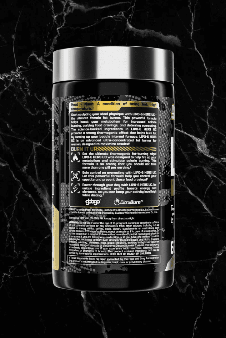 Side view of Nutrex Lipo6 HERS Ultra bottle detailing usage instructions and product benefits for women’s fitness and weight loss.