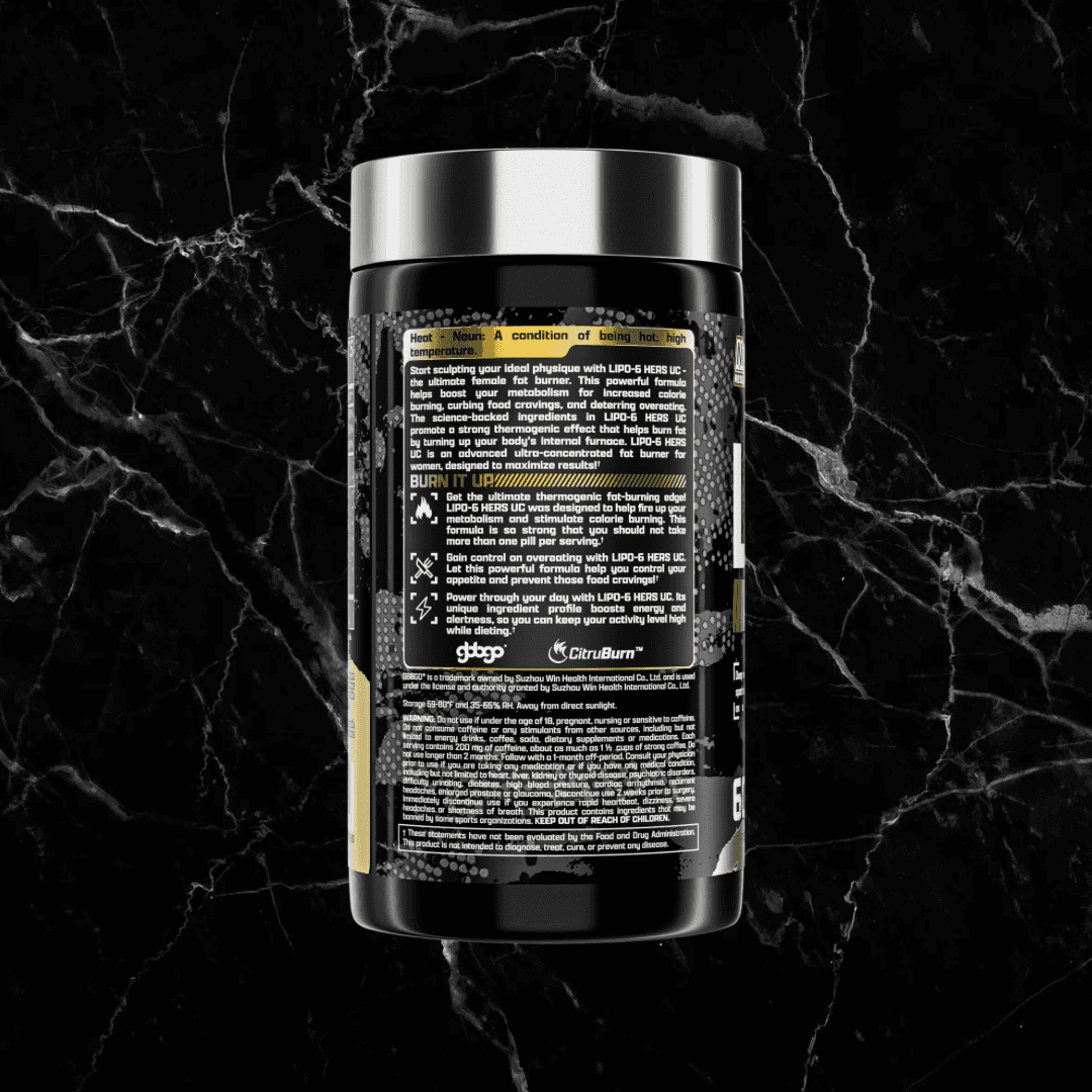 Side view of Nutrex Lipo6 HERS Ultra bottle detailing usage instructions and product benefits for women’s fitness and weight loss.