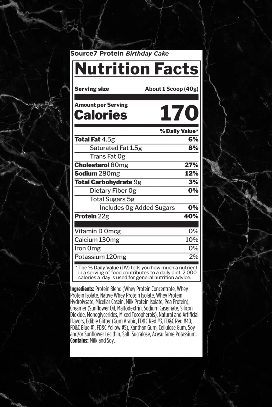 Nutrition facts label for Rule1 SOURCE 7 Protein Birthday Cake flavor, showing 170 calories and 22g protein per 40g scoop with 7 protein sources.