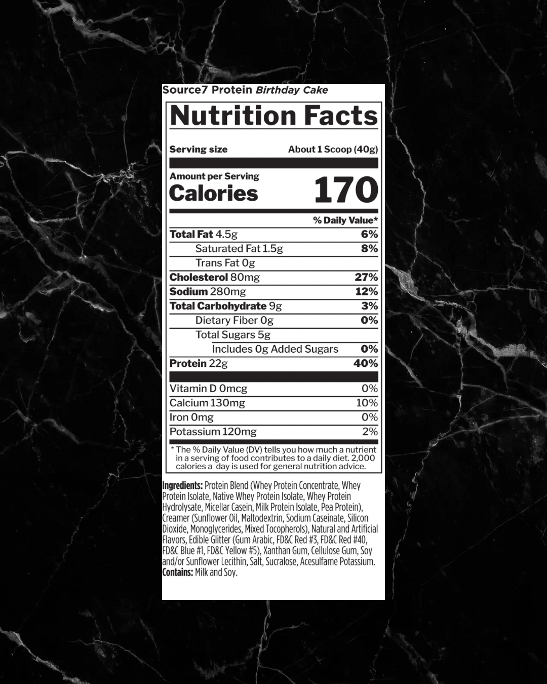 Nutrition facts label for Rule1 SOURCE 7 Protein Birthday Cake flavor, showing 170 calories and 22g protein per 40g scoop with 7 protein sources.