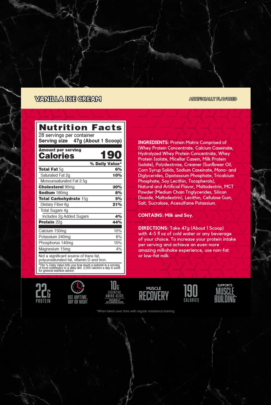 BSN SYNTHA-6 Vanilla Ice Cream nutrition label with 22g protein, 190 calories, and a protein matrix blend for muscle recovery support.