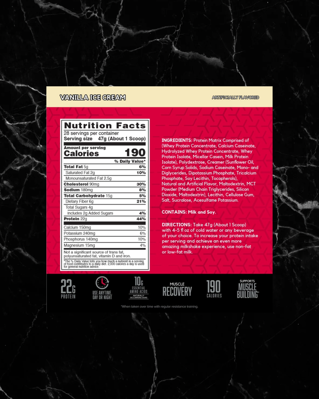 BSN SYNTHA-6 Vanilla Ice Cream nutrition label with 22g protein, 190 calories, and a protein matrix blend for muscle recovery support.