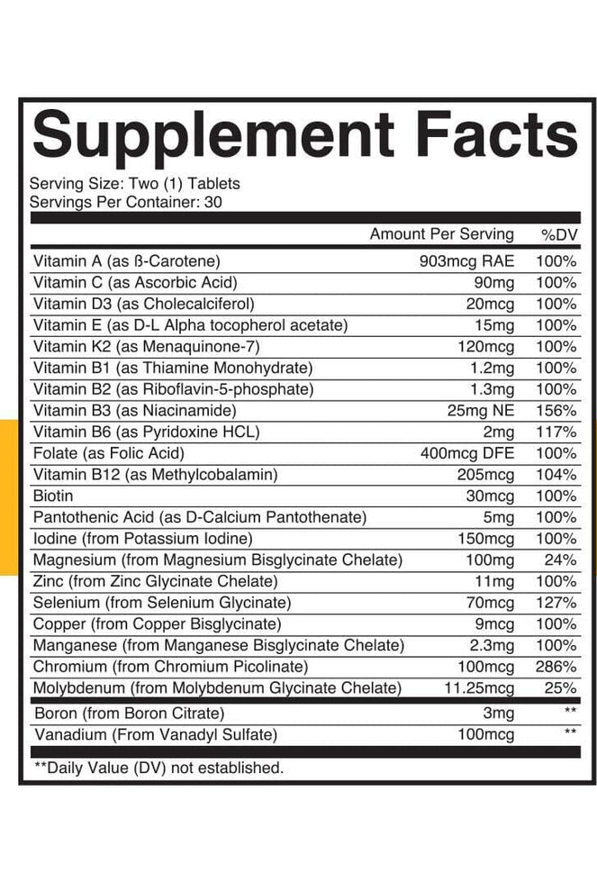 CNDMND Multi-Vitamin supplement facts label showing essential vitamins and minerals for energy, immunity, and overall health support.