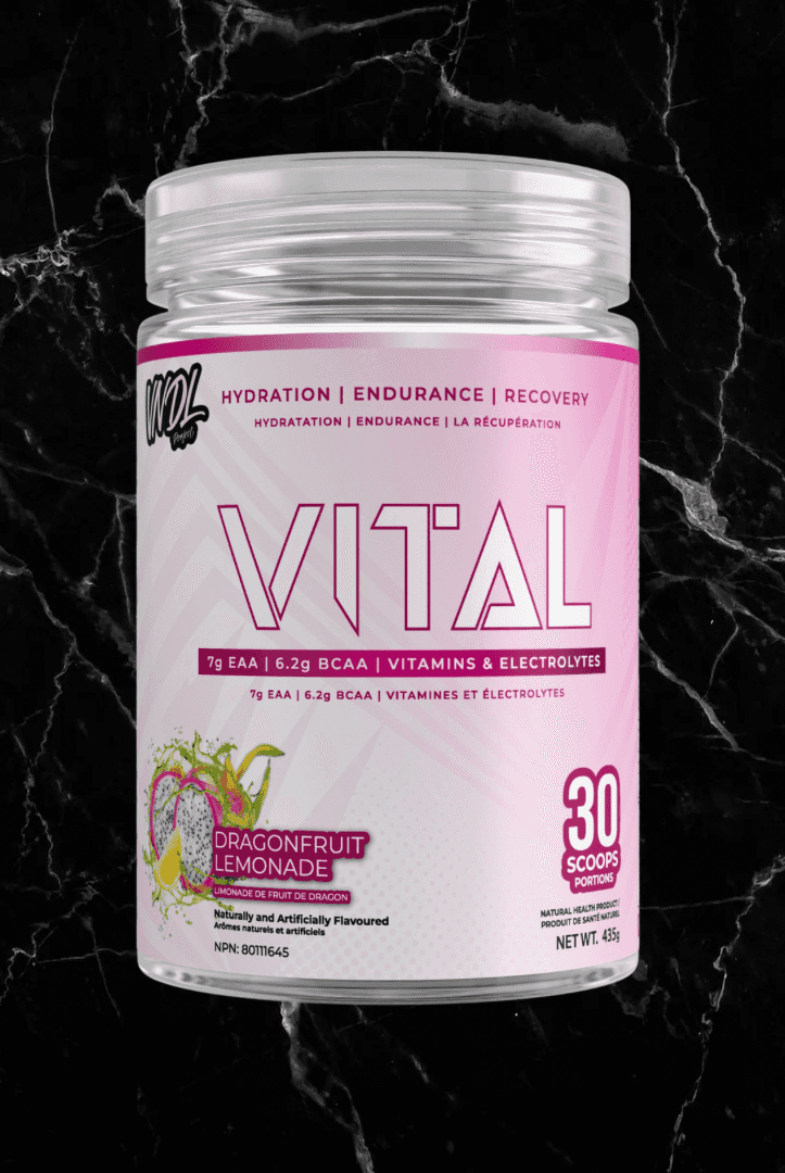 VNDL Project Vital Dragon Fruit Lemonade flavor EAA BCAA Hydration Recovery supplement with vitamins and electrolytes for muscle support.