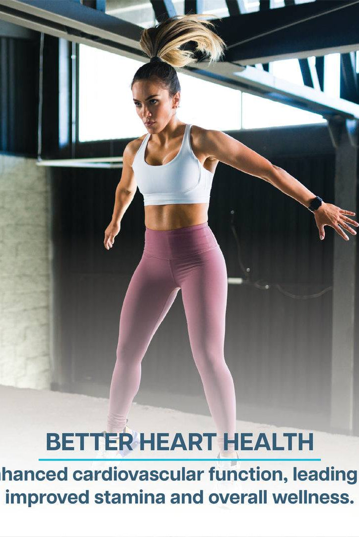 Active woman exercising indoors with text promoting Revive Vitamin Pack’s benefits for heart health and improved stamina.