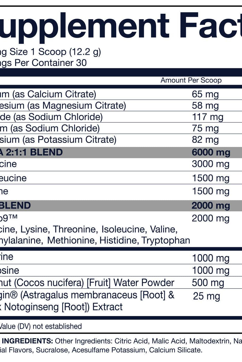Supplement facts label for NutriFitt Epic Aminos Pink Burst showing EAA, BCAA, electrolytes, and hydration ingredients per 12.2g scoop.