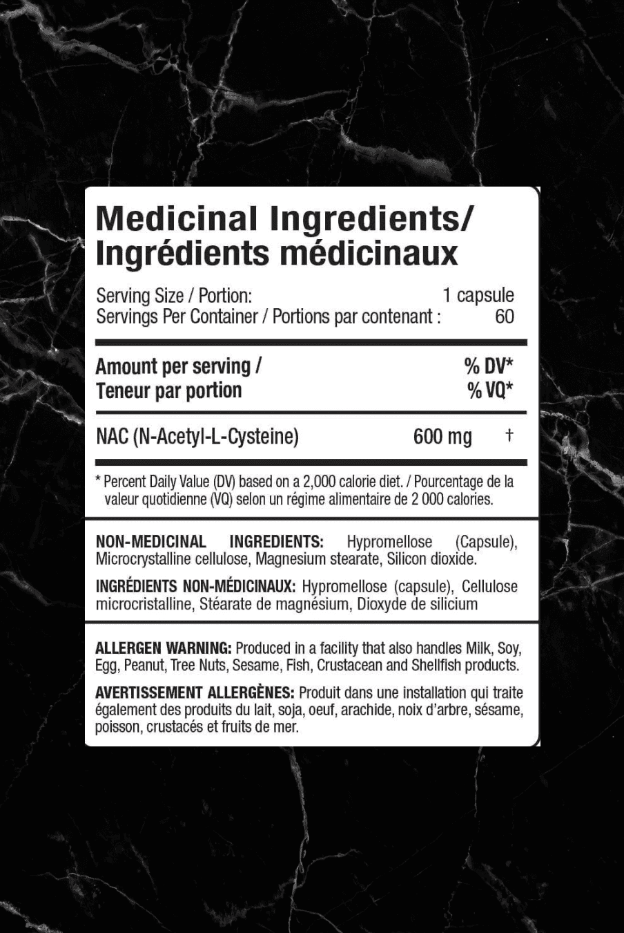 Supplement facts label of Allmax NAC 600mg 60caps showing ingredients and dosage. NAC supports respiratory and liver health with 600mg per capsule.
