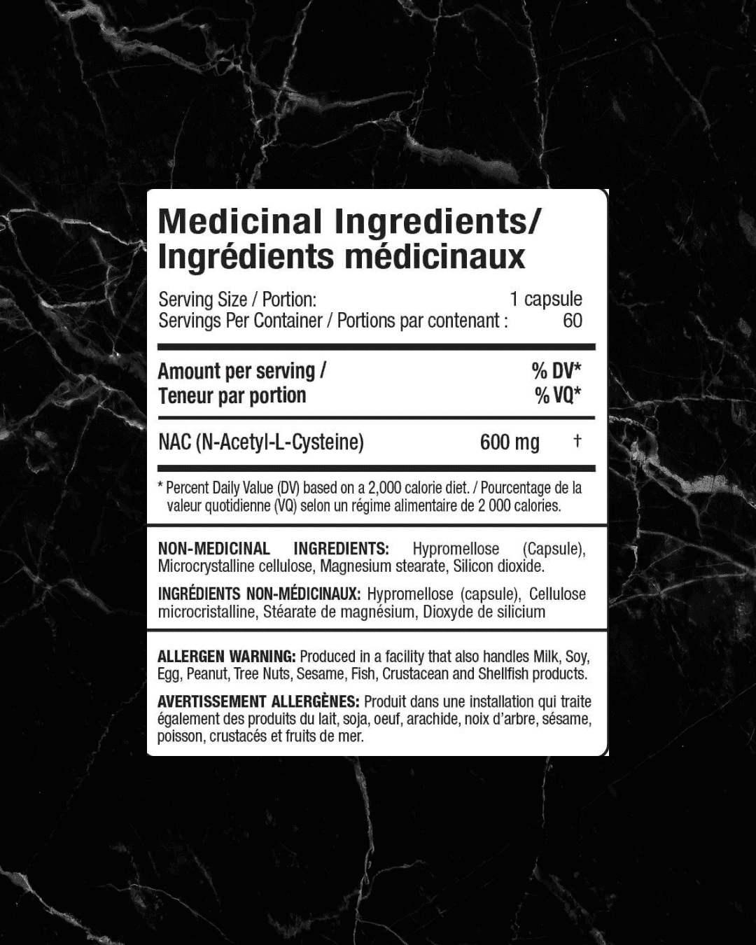 Supplement facts label of Allmax NAC 600mg 60caps showing ingredients and dosage. NAC supports respiratory and liver health with 600mg per capsule.
