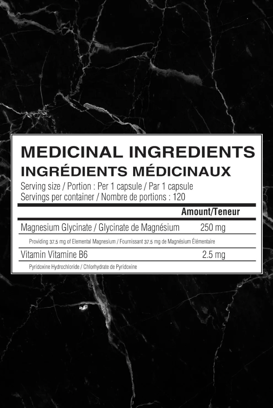 Supplement facts label for Believe Supplements Magnesium with Vitamin B6 showing 250mg magnesium glycinate and 2.5mg vitamin B6 per capsule.