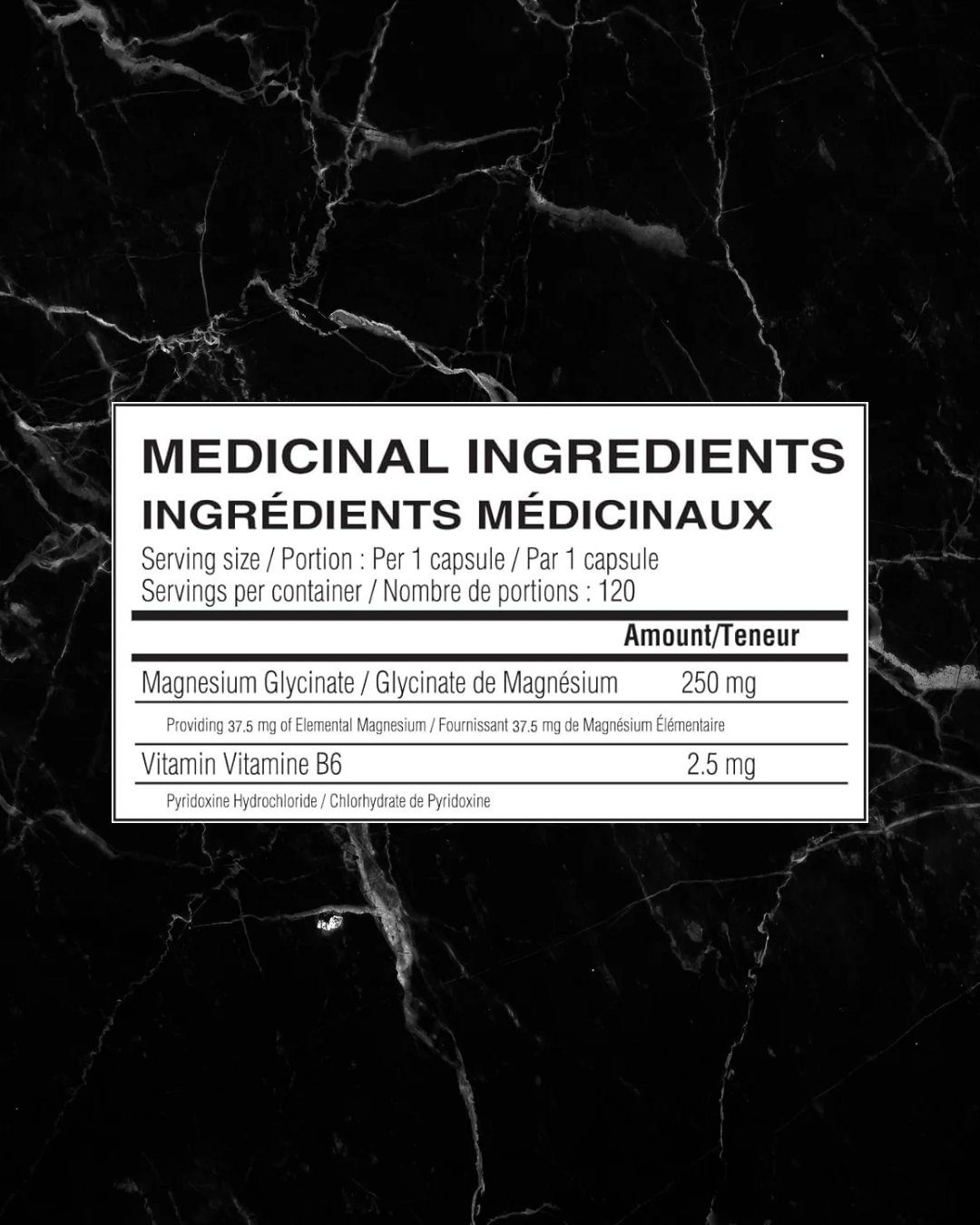 Supplement facts label for Believe Supplements Magnesium with Vitamin B6 showing 250mg magnesium glycinate and 2.5mg vitamin B6 per capsule.