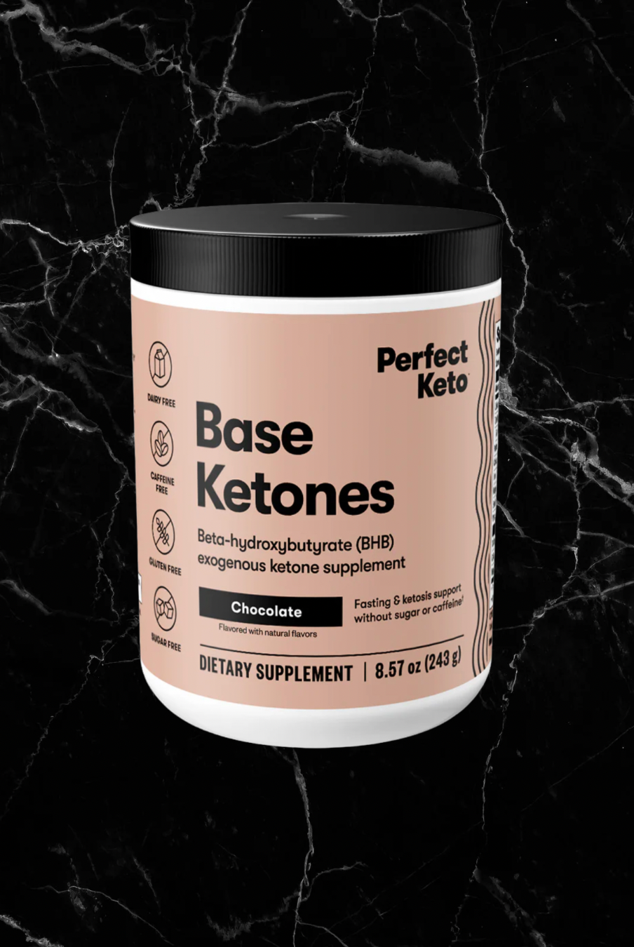 Perfect Keto Base Ketones Chocolate flavor supplement for energy boost and ketosis support, caffeine-free exogenous ketones mix.