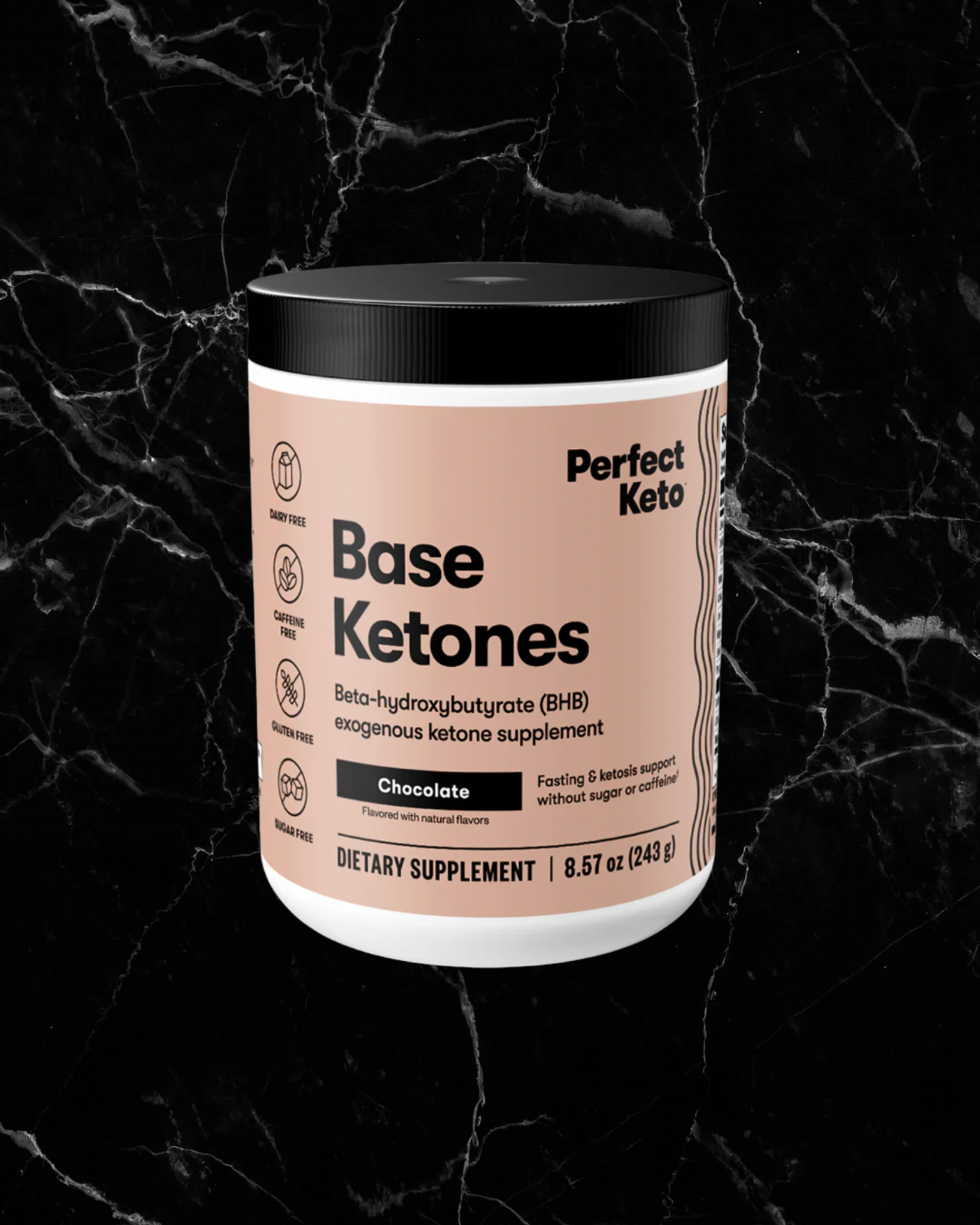 Perfect Keto Base Ketones Chocolate flavor supplement for energy boost and ketosis support, caffeine-free exogenous ketones mix.