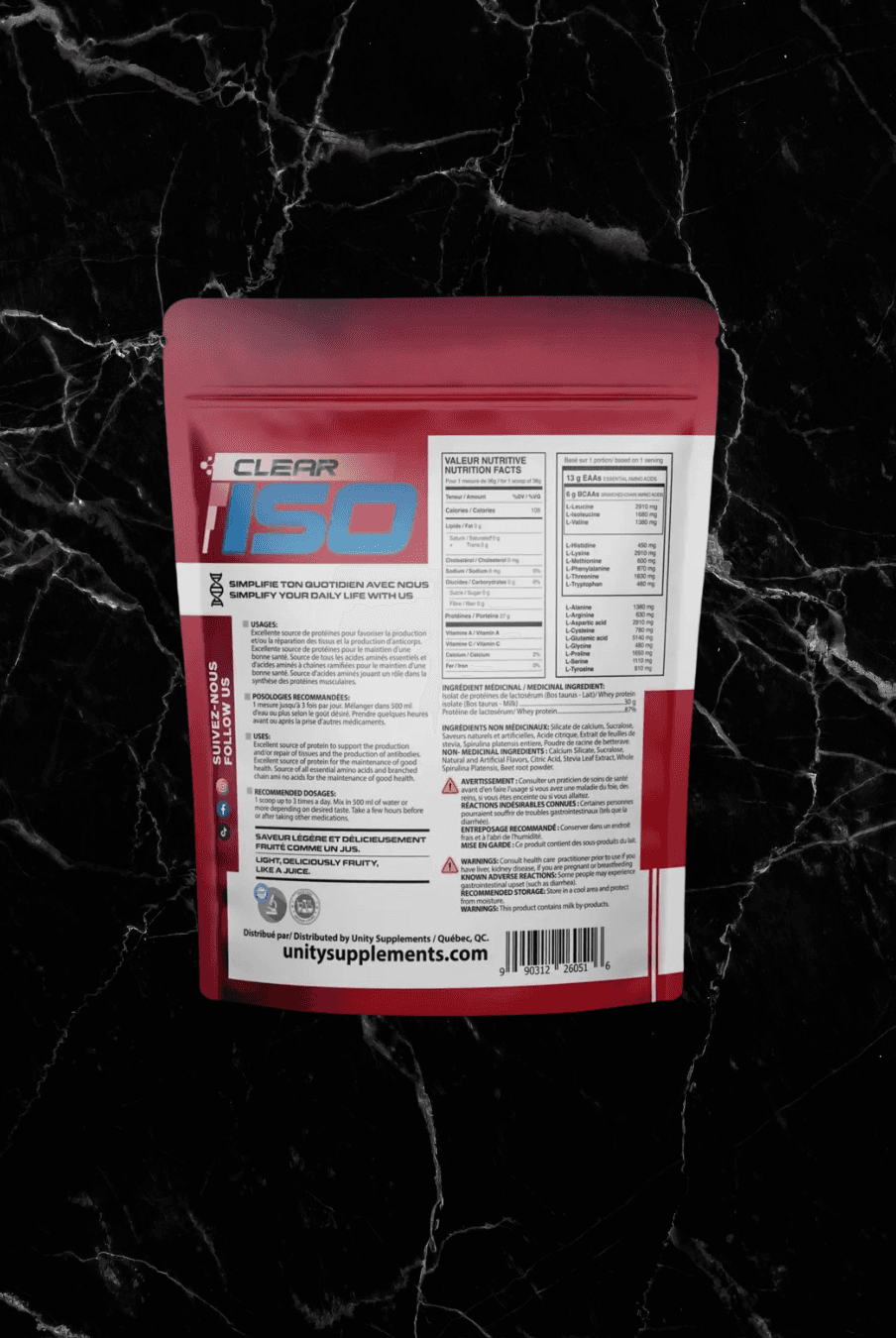 Back view of Unity Supplements Clear Isolate Black Cherry 410g showing usage instructions, ingredients, and supplement facts for protein juice.