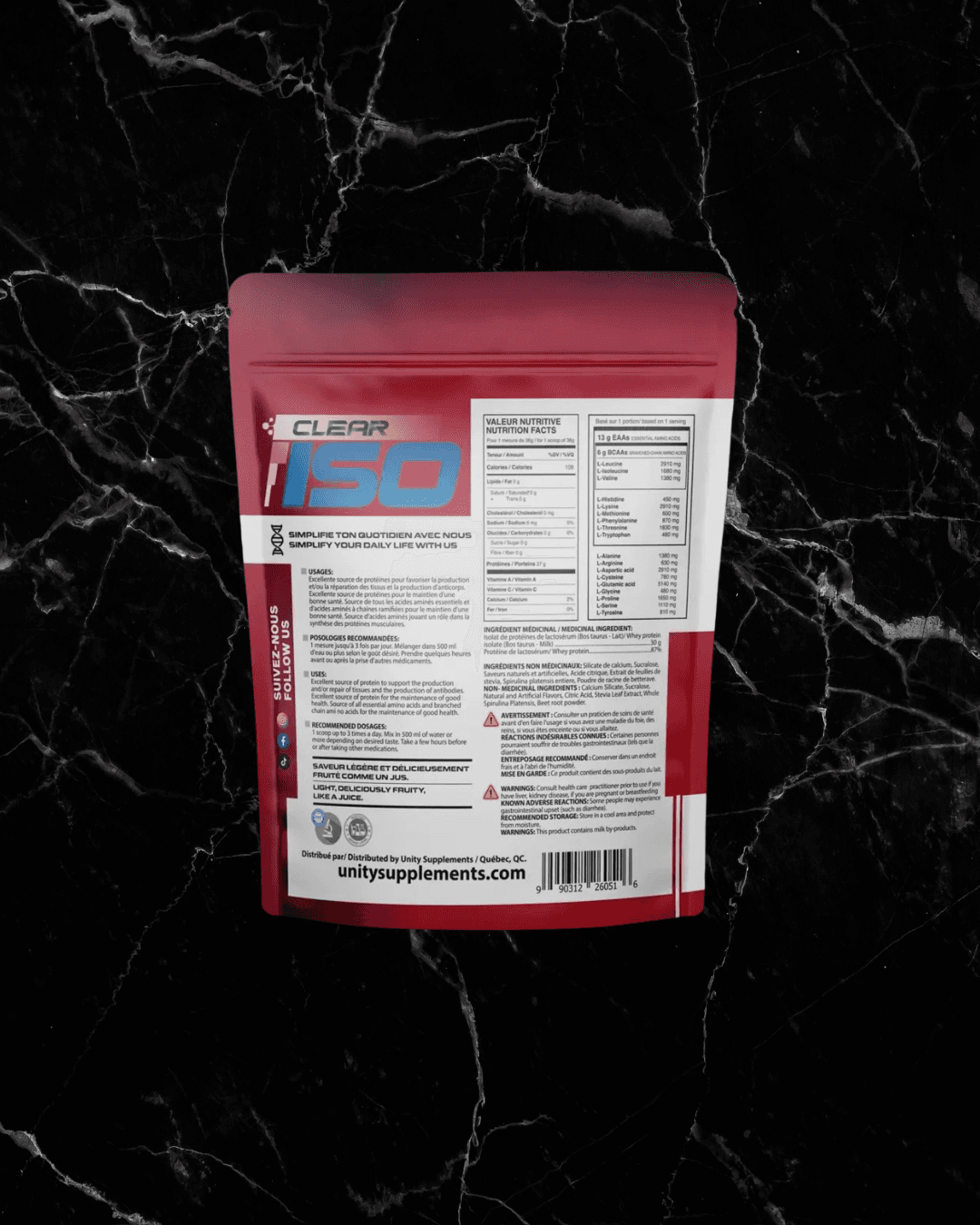 Back view of Unity Supplements Clear Isolate Black Cherry 410g showing usage instructions, ingredients, and supplement facts for protein juice.