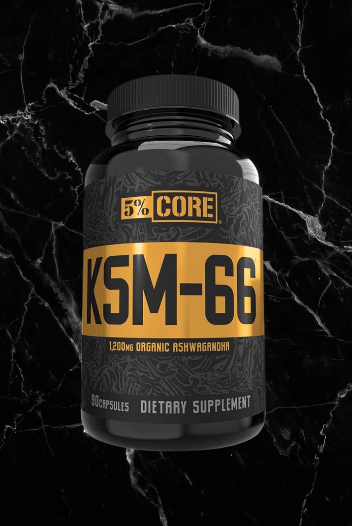 Rich Piana 5% Nutrition KSM-66 Ash supplement bottle with bold yellow label on black marble background. Features 1200mg organic ashwagandha per serving.