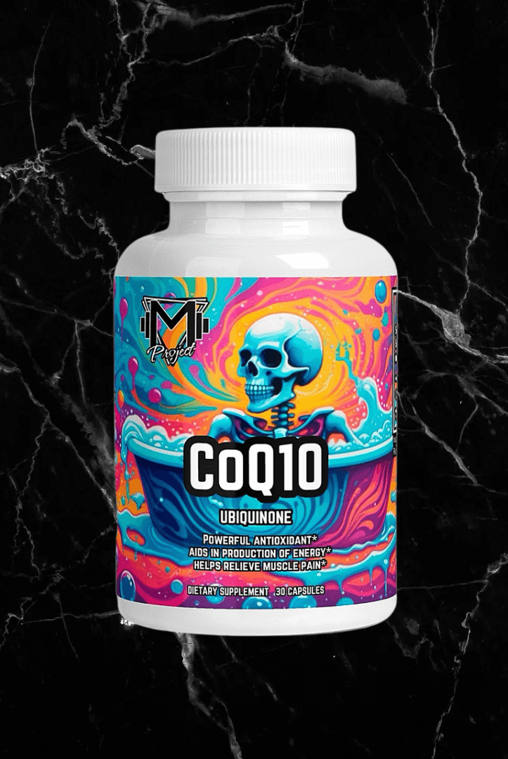 CoQ10 Ubiquinone supplement bottle with vibrant psychedelic label design promoting heart health, energy, and antioxidant benefits.