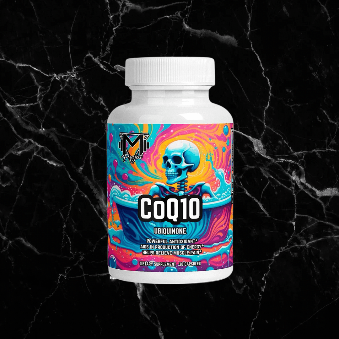 CoQ10 Ubiquinone supplement bottle with vibrant psychedelic label design promoting heart health, energy, and antioxidant benefits.