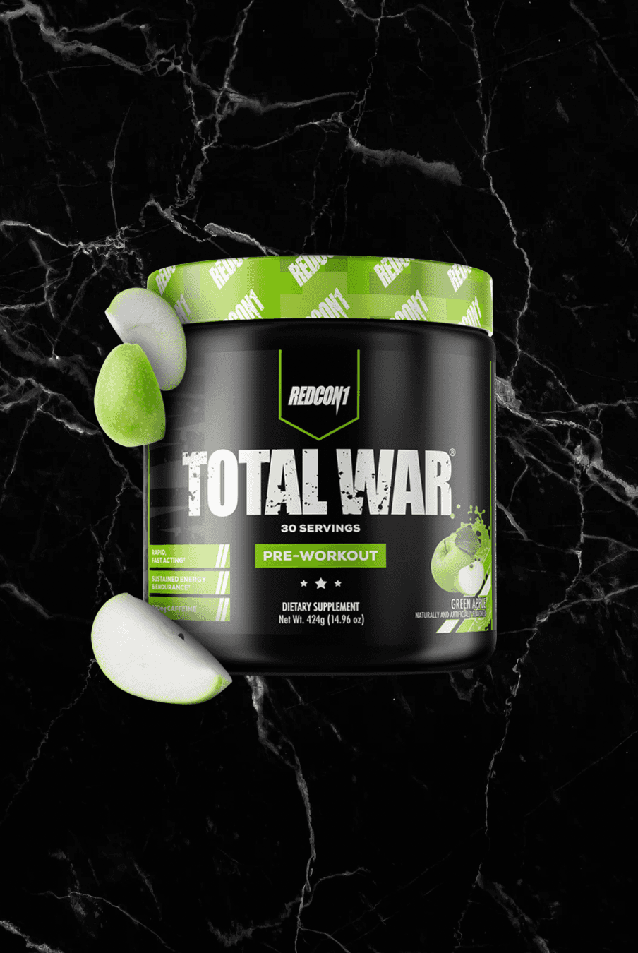 Redcon1 Total War Pre-Workout in Green Apple flavor with 30 servings. Boosts energy, pump, and focus for elite training sessions.