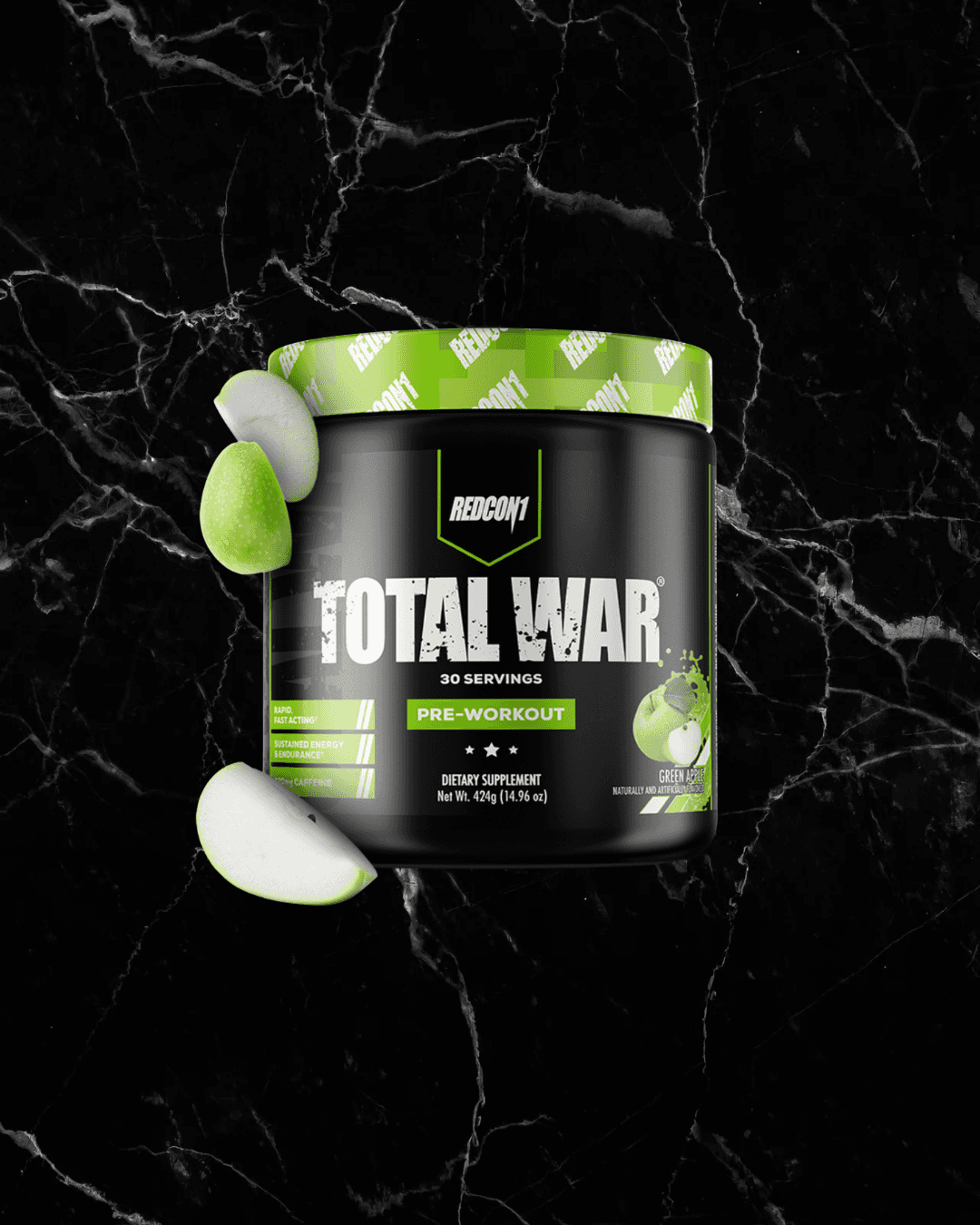 Redcon1 Total War Pre-Workout in Green Apple flavor with 30 servings. Boosts energy, pump, and focus for elite training sessions.