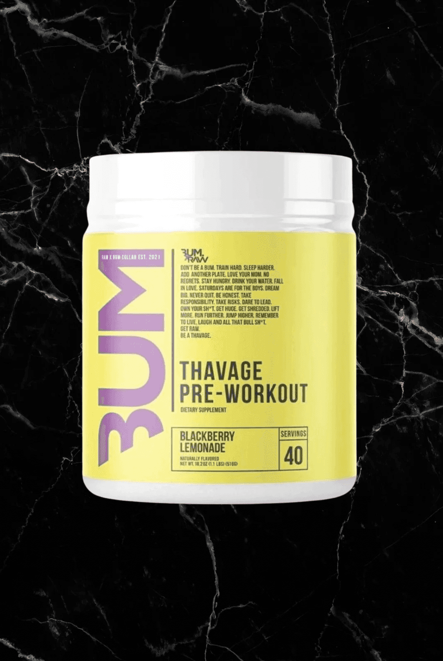 Blackberry Lemonade CBUM Thavage Pre Workout with 40 servings. Enhances performance and muscle gain with delicious flavor.