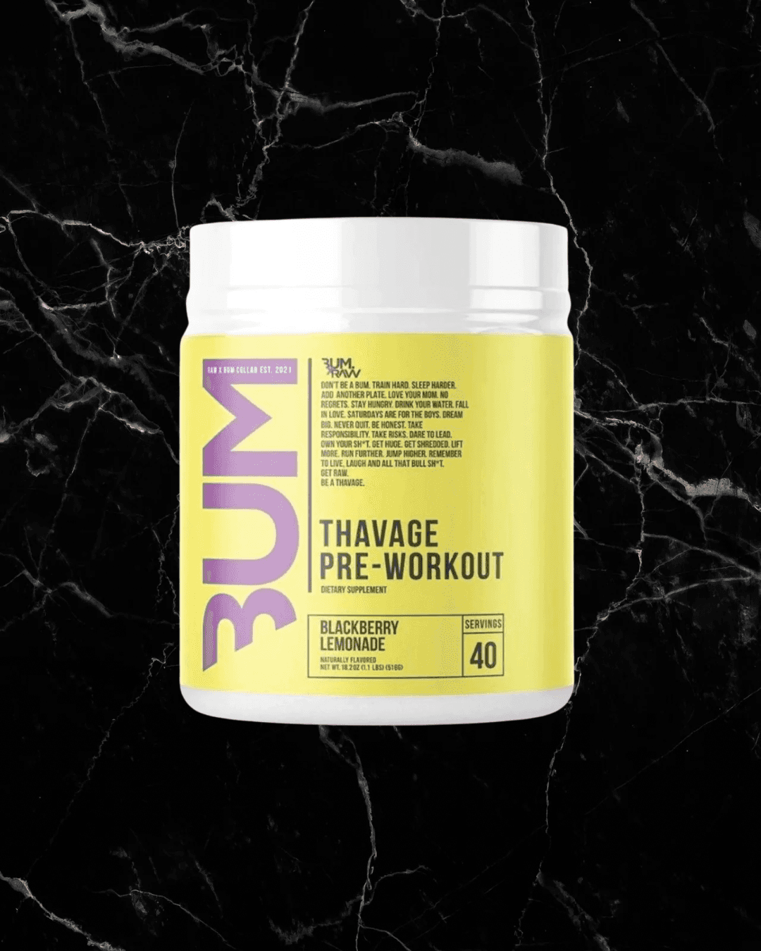 Blackberry Lemonade CBUM Thavage Pre Workout with 40 servings. Enhances performance and muscle gain with delicious flavor.