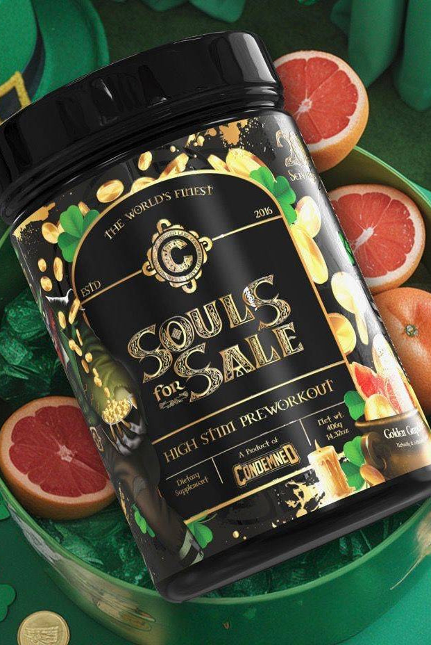 Golden Grapefruit Pre-Workout - Souls 4 Sale by Condemned Labz displayed in a festive bowl with grapefruits and gold coins, highlighting citrus flavor.
