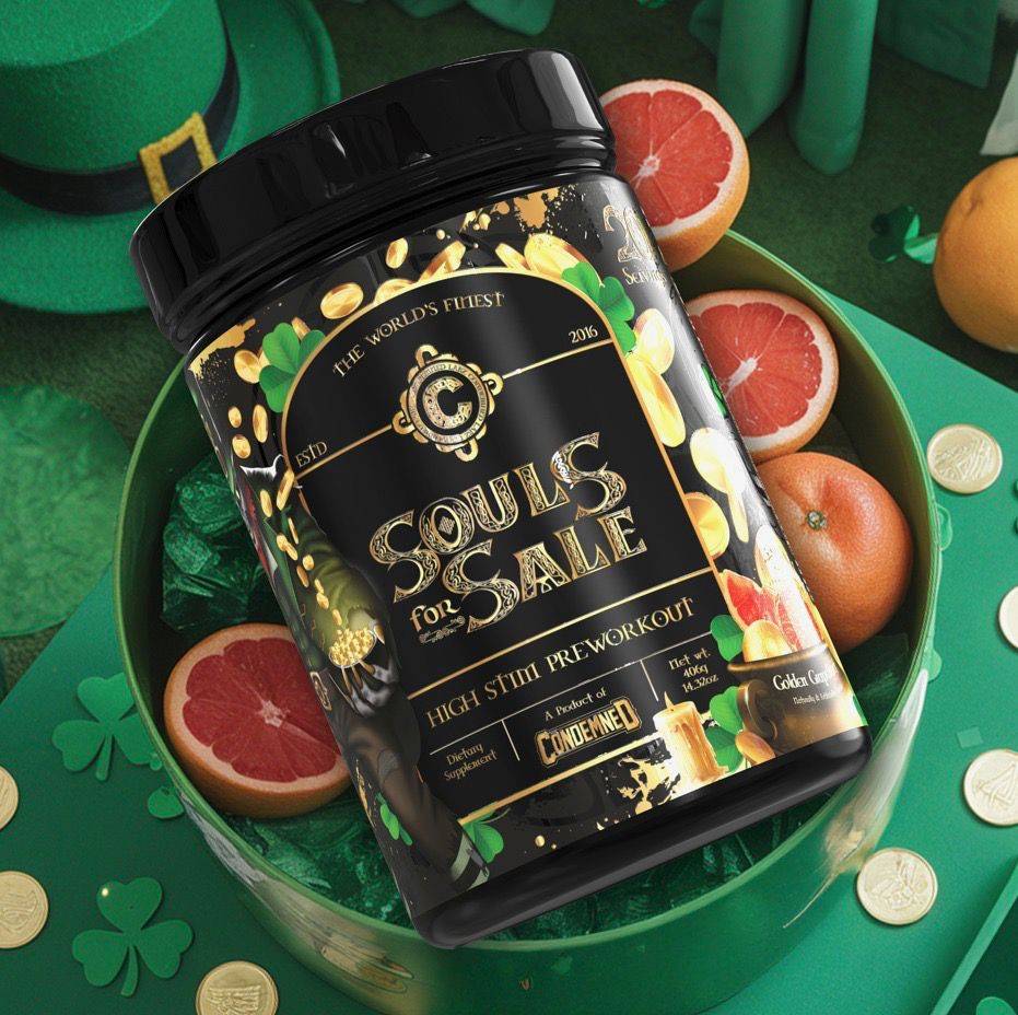 Golden Grapefruit Pre-Workout - Souls 4 Sale by Condemned Labz displayed in a festive bowl with grapefruits and gold coins, highlighting citrus flavor.