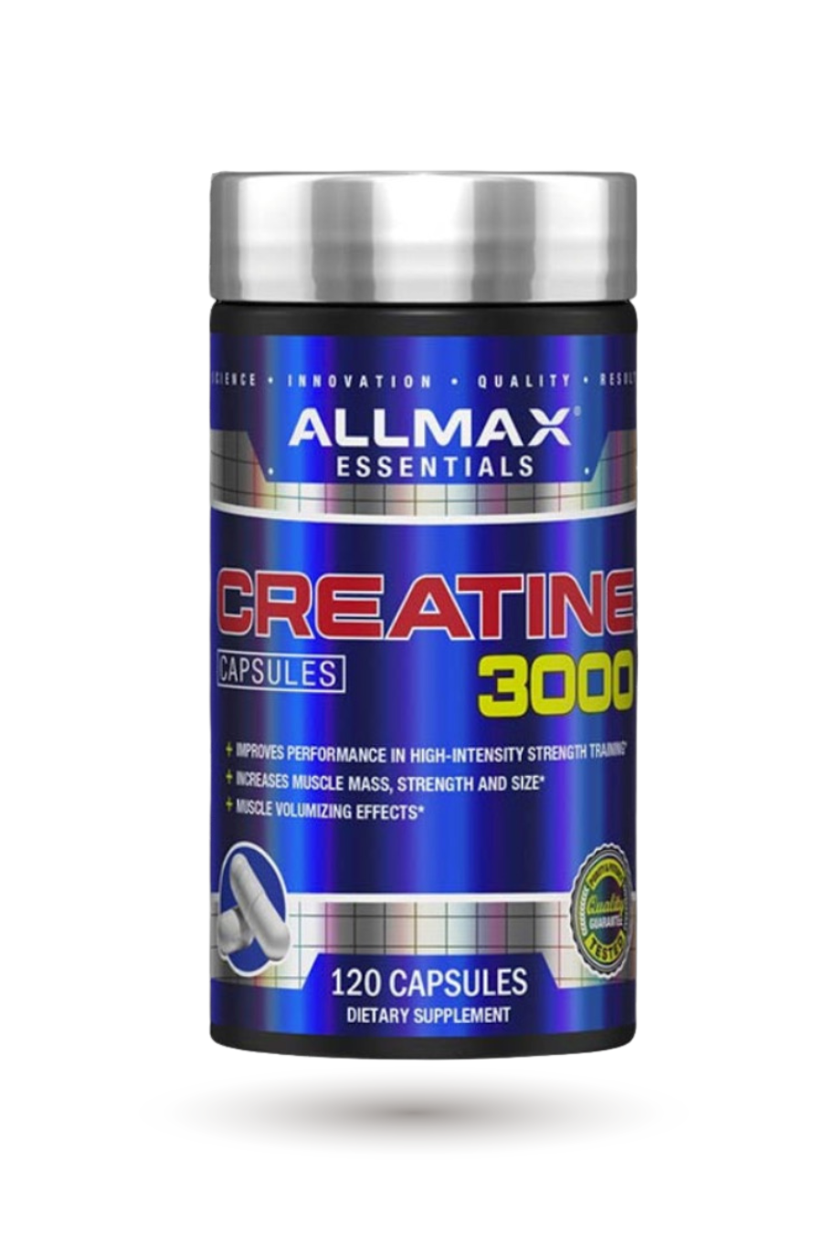 ALLMAX Creatine 3000 Capsules front label showing 120 capsules for muscle growth and strength. Buy creatine online for fitness performance.